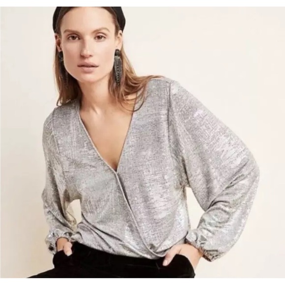 Anthropologie Tops - By Anthropologie Cary Dolman Sleeve Silver Faux Wrap Blouse Size Small
